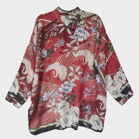 Johnny Was 100% Silk Crane Mallory Shirt Tunic Size XL Open Neckline Long Sleeve - Picture 3 of 11